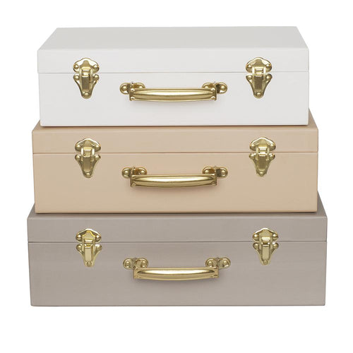 Bej saklama bavulu, üst üste konumlanmış üç renkli bavul.