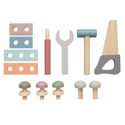 Ahşap oyuncak tamir seti, renkli parçalar ve aletler.